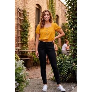 OLM Golden Yellow Milkmaid Style Cropped Blouse Cottagecore Puff Sleeve Top Lrg